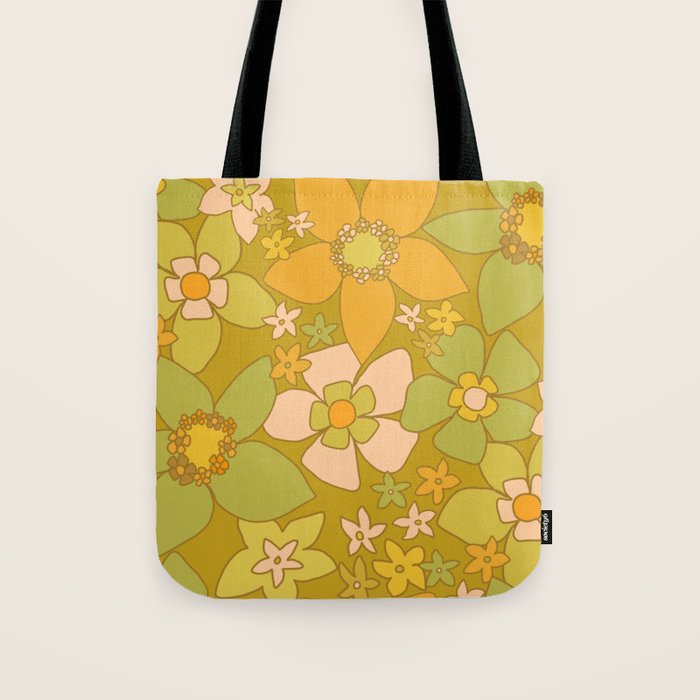 70s groovy retro floral pattern orange brown green handdrawn by surfy birdy  Tote Bag