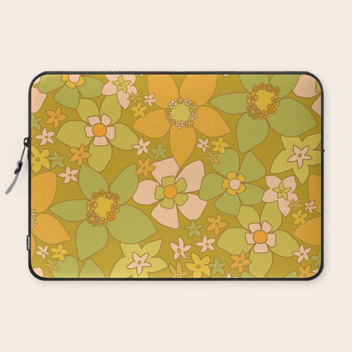 70s groovy retro floral pattern orange brown green handdrawn by surfy birdy  Laptop Sleeve