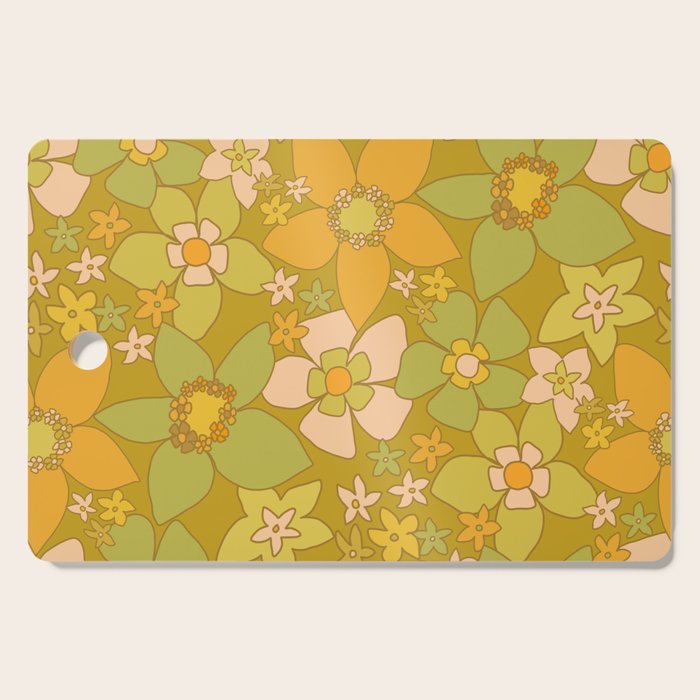 70s groovy retro floral pattern orange brown green handdrawn by surfy birdy  Cutting Board