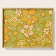 70s groovy retro floral pattern orange brown green handdrawn by surfy birdy  Serving Tray