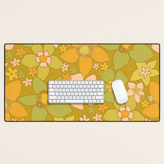 70s groovy retro floral pattern orange brown green handdrawn by surfy birdy  Desk Mat