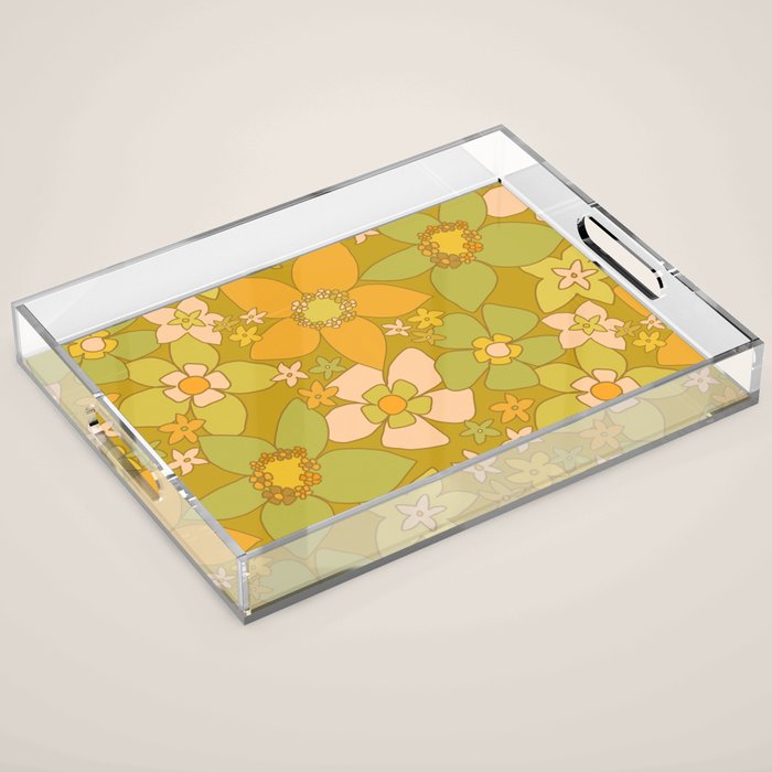 70s groovy retro floral pattern orange brown green handdrawn by surfy birdy  Acrylic Tray