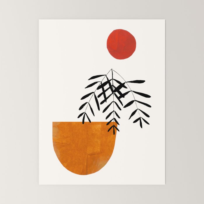 Autumn Vine' Minimal Mid Century Abstract Shapes With Floral Plant Motif Boho Vintage Paper Collage Line Drawing Mini Art Print