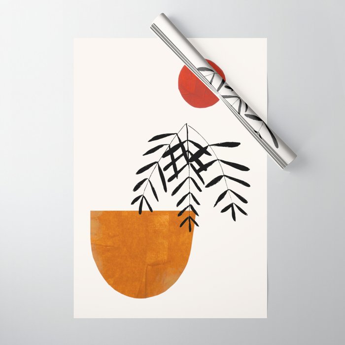 Autumn Vine' Minimal Mid Century Abstract Shapes With Floral Plant Motif Boho Vintage Paper Collage Line Drawing Wrapping Paper