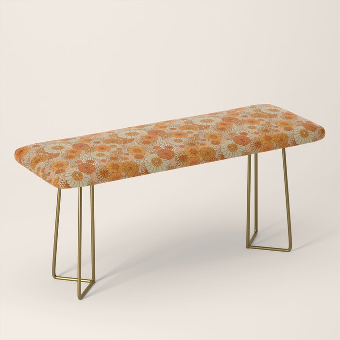 70s retro vintage daisies, flowers, orange, peach Bench