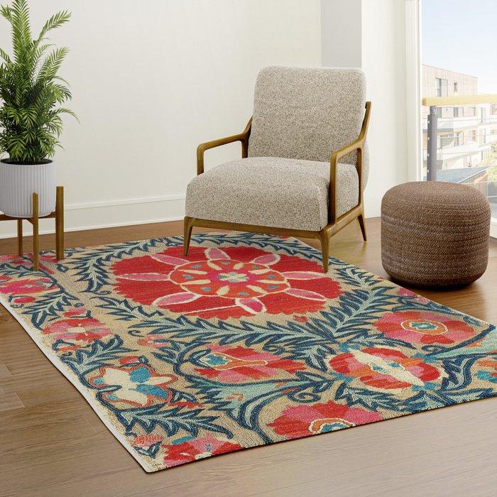 18th Century Suzani Fragment Print Rug