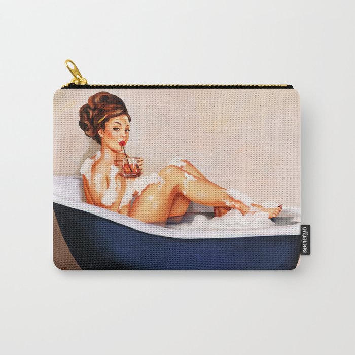 "Bathtub Whiskey" - Cute Vintage Brunette Pinup Girl Soaks & Enjoys A Cocktail. (V.2) Carry All Pouch