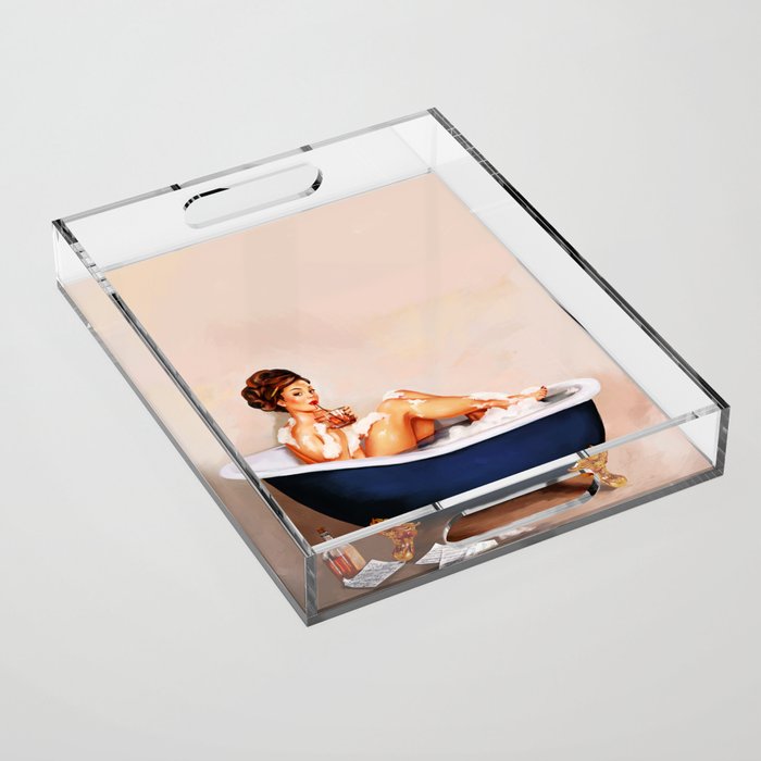 "Bathtub Whiskey" - Cute Vintage Brunette Pinup Girl Soaks & Enjoys A Cocktail. (V.2) Acrylic Tray