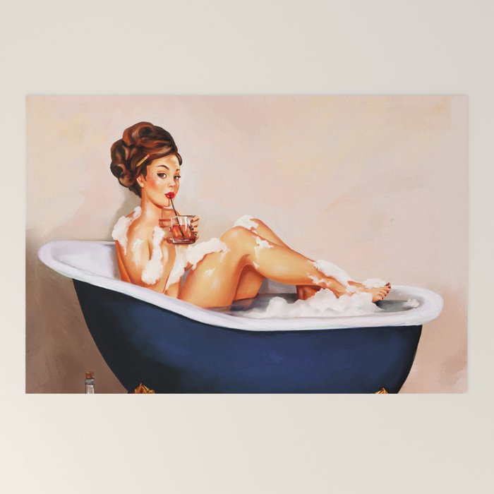 "Bathtub Whiskey" - Cute Vintage Brunette Pinup Girl Soaks & Enjoys A Cocktail. (V.2) Welcome Mat