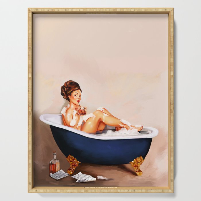 "Bathtub Whiskey" - Cute Vintage Brunette Pinup Girl Soaks & Enjoys A Cocktail. (V.2) Serving Tray