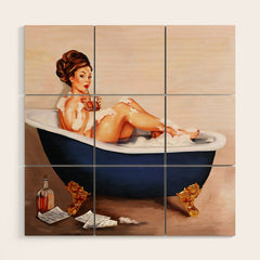 "Bathtub Whiskey" - Cute Vintage Brunette Pinup Girl Soaks & Enjoys A Cocktail. (V.2) Wood Wall Art
