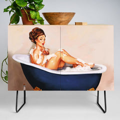 "Bathtub Whiskey" - Cute Vintage Brunette Pinup Girl Soaks & Enjoys A Cocktail. (V.2) Credenza