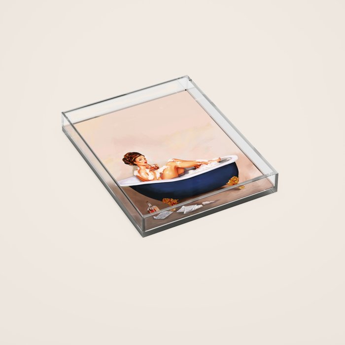 "Bathtub Whiskey" - Cute Vintage Brunette Pinup Girl Soaks & Enjoys A Cocktail. (V.2) Acrylic Tray