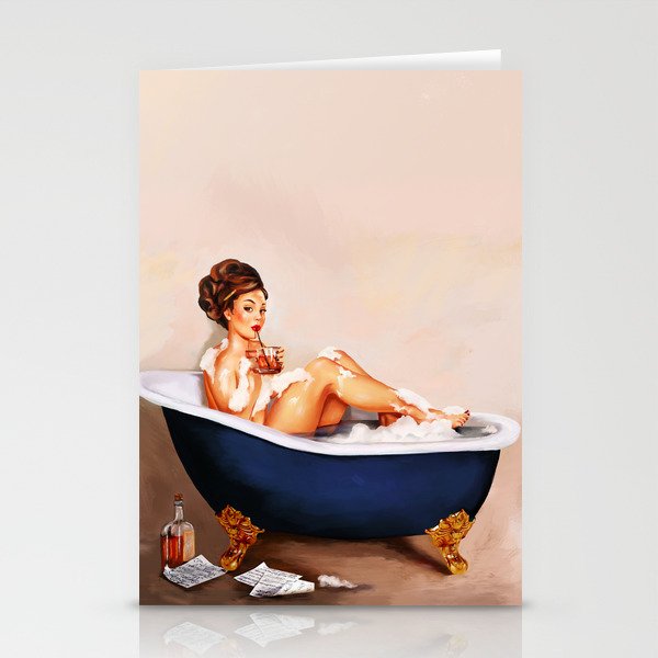 "Bathtub Whiskey" - Cute Vintage Brunette Pinup Girl Soaks & Enjoys A Cocktail. (V.2) Stationery Card