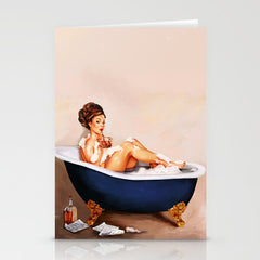 "Bathtub Whiskey" - Cute Vintage Brunette Pinup Girl Soaks & Enjoys A Cocktail. (V.2) Stationery Card