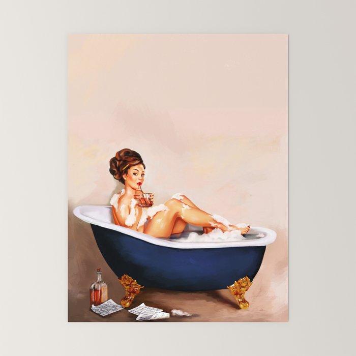 "Bathtub Whiskey" - Cute Vintage Brunette Pinup Girl Soaks & Enjoys A Cocktail. (V.2) Mini Art Print