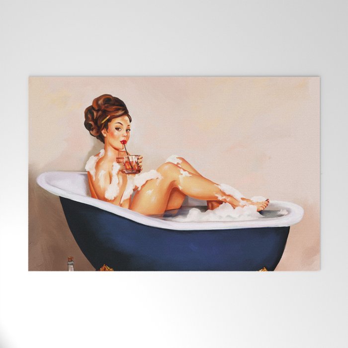 "Bathtub Whiskey" - Cute Vintage Brunette Pinup Girl Soaks & Enjoys A Cocktail. (V.2) Welcome Mat
