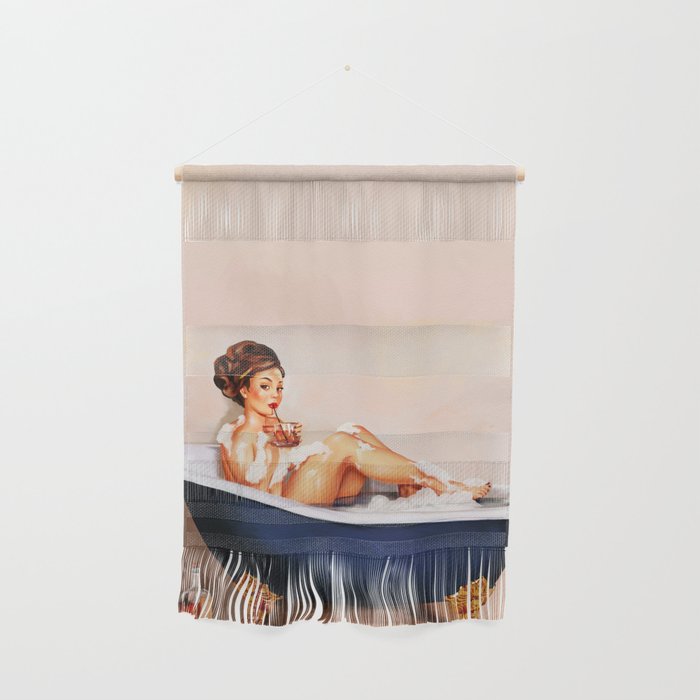 "Bathtub Whiskey" - Cute Vintage Brunette Pinup Girl Soaks & Enjoys A Cocktail. (V.2) Wall Hanging