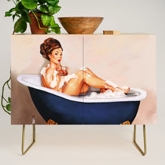 "Bathtub Whiskey" - Cute Vintage Brunette Pinup Girl Soaks & Enjoys A Cocktail. (V.2) Credenza