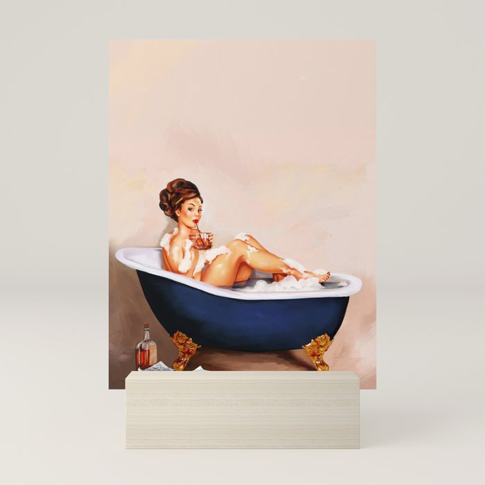 "Bathtub Whiskey" - Cute Vintage Brunette Pinup Girl Soaks & Enjoys A Cocktail. (V.2) Mini Art Print
