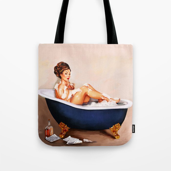 "Bathtub Whiskey" - Cute Vintage Brunette Pinup Girl Soaks & Enjoys A Cocktail. (V.2) Tote Bag