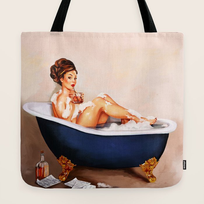 "Bathtub Whiskey" - Cute Vintage Brunette Pinup Girl Soaks & Enjoys A Cocktail. (V.2) Tote Bag