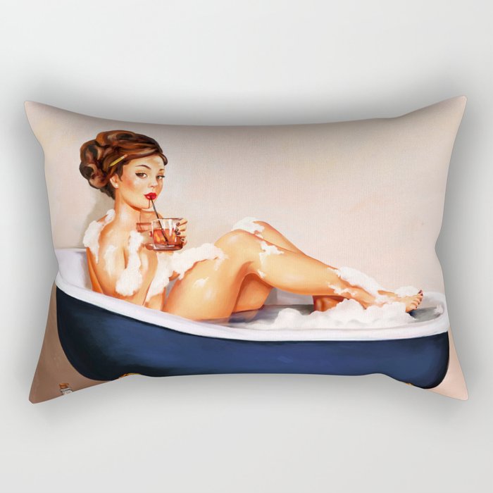"Bathtub Whiskey" - Cute Vintage Brunette Pinup Girl Soaks & Enjoys A Cocktail. (V.2) Rectangular Pillow