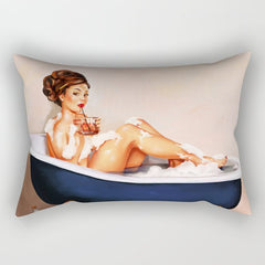 "Bathtub Whiskey" - Cute Vintage Brunette Pinup Girl Soaks & Enjoys A Cocktail. (V.2) Rectangular Pillow
