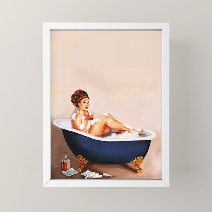 "Bathtub Whiskey" - Cute Vintage Brunette Pinup Girl Soaks & Enjoys A Cocktail. (V.2) Mini Art Print