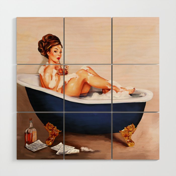 "Bathtub Whiskey" - Cute Vintage Brunette Pinup Girl Soaks & Enjoys A Cocktail. (V.2) Wood Wall Art