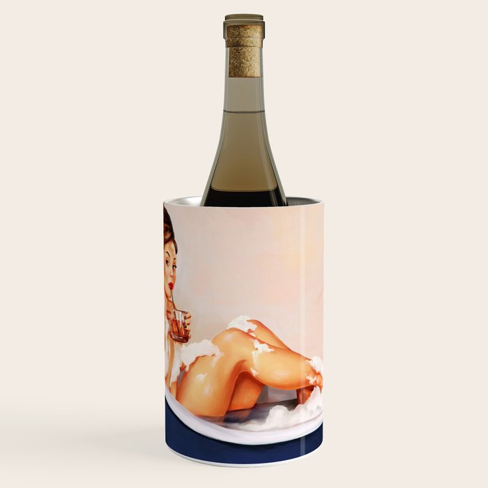 "Bathtub Whiskey" - Cute Vintage Brunette Pinup Girl Soaks & Enjoys A Cocktail. (V.2) Wine Chiller