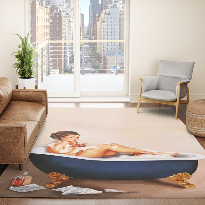 "Bathtub Whiskey" - Cute Vintage Brunette Pinup Girl Soaks & Enjoys A Cocktail. (V.2) Rug