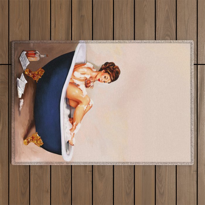 "Bathtub Whiskey" - Cute Vintage Brunette Pinup Girl Soaks & Enjoys A Cocktail. (V.2) Outdoor Rug