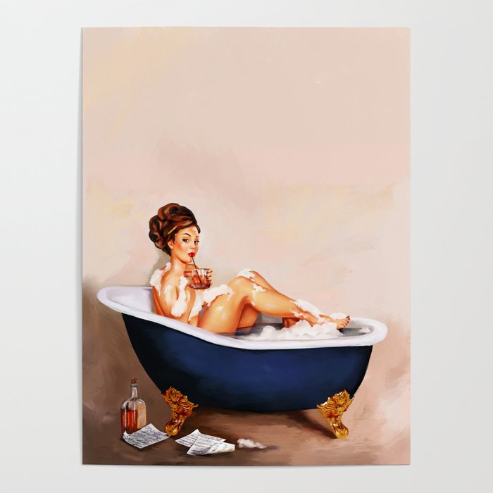 "Bathtub Whiskey" - Cute Vintage Brunette Pinup Girl Soaks & Enjoys A Cocktail. (V.2) Poster