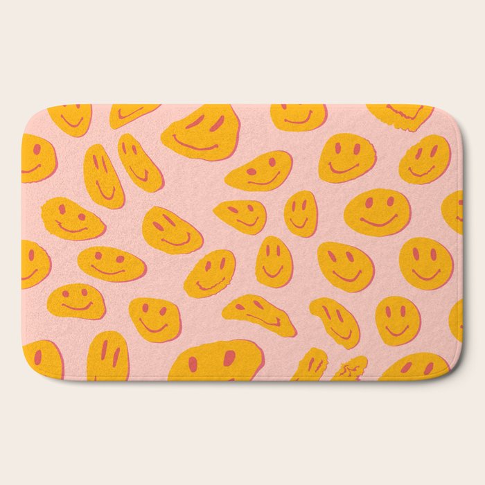 70s retro yellow smile face illustration  Bath Mat