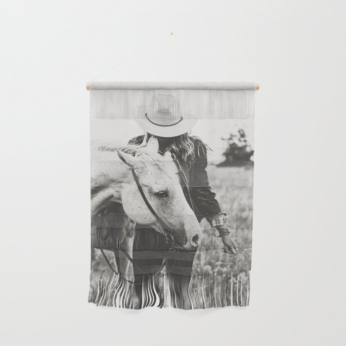 A Cowgirl & Her Horse - Black & White Photo Wall Hanging