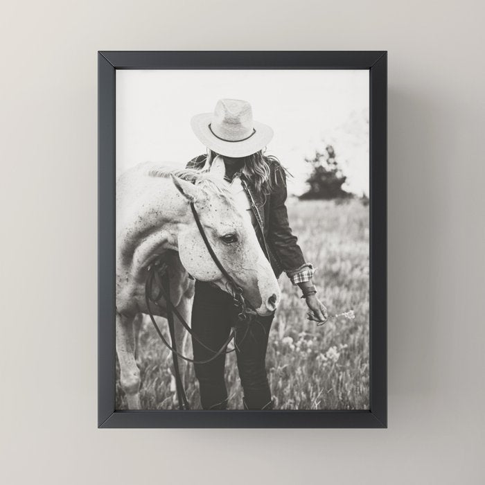 A Cowgirl & Her Horse - Black & White Photo Mini Art Print