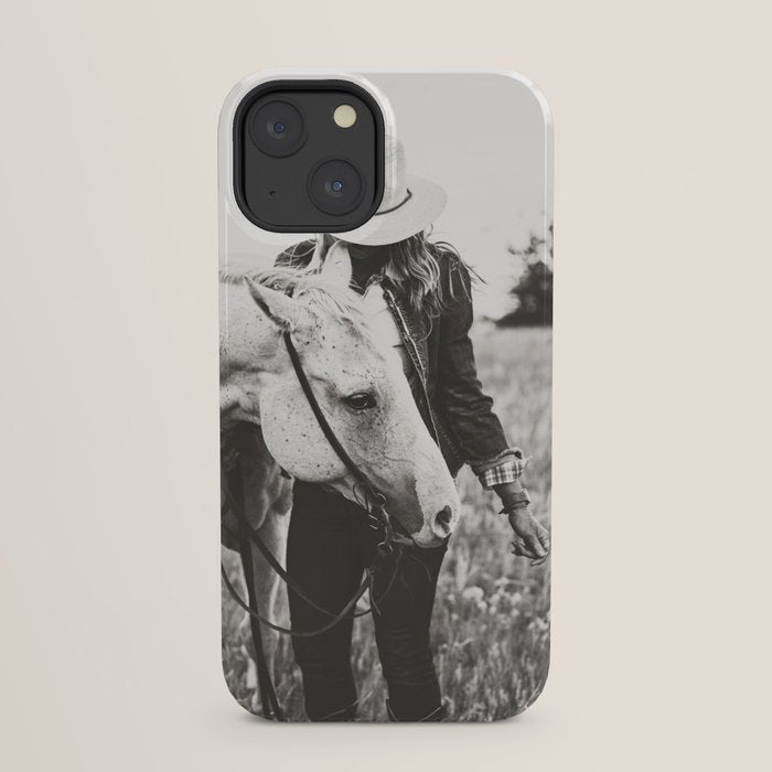 A Cowgirl & Her Horse - Black & White Photo iPhone Case