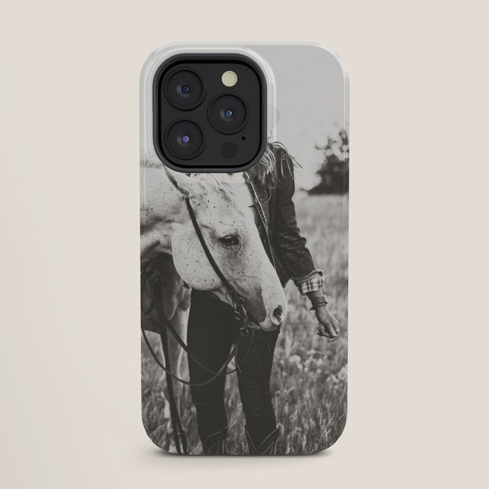 A Cowgirl & Her Horse - Black & White Photo iPhone Case