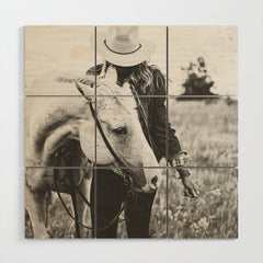 A Cowgirl & Her Horse - Black & White Photo Wood Wall Art