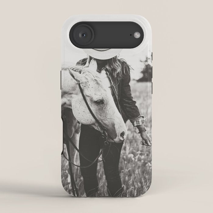 A Cowgirl & Her Horse - Black & White Photo iPhone Case
