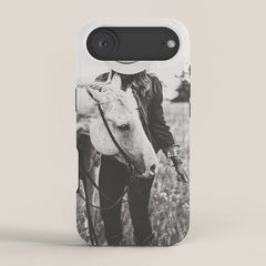A Cowgirl & Her Horse - Black & White Photo iPhone Case