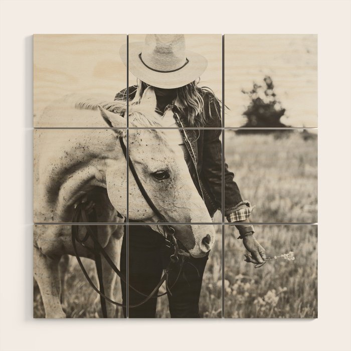A Cowgirl & Her Horse - Black & White Photo Wood Wall Art