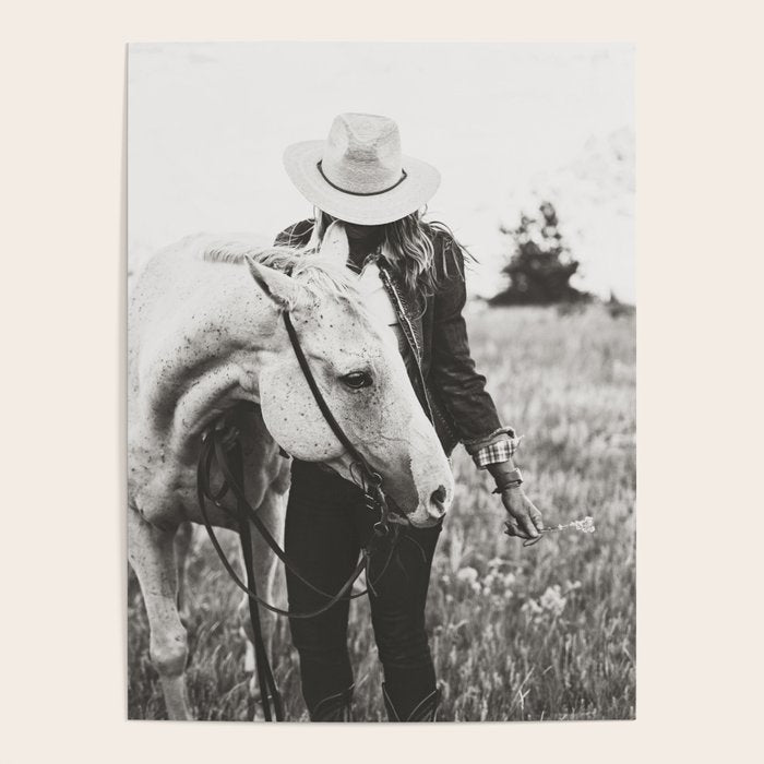 A Cowgirl & Her Horse - Black & White Photo Poster