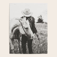 A Cowgirl & Her Horse - Black & White Photo Poster