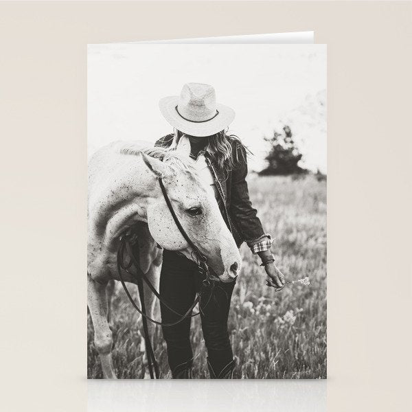 A Cowgirl & Her Horse - Black & White Photo Stationery Card