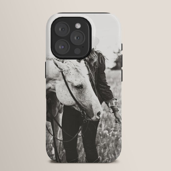 A Cowgirl & Her Horse - Black & White Photo iPhone Case