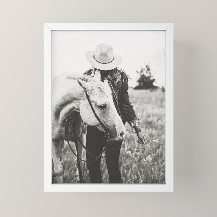 A Cowgirl & Her Horse - Black & White Photo Mini Art Print