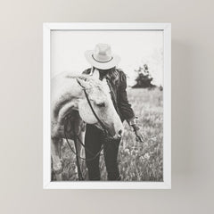 A Cowgirl & Her Horse - Black & White Photo Mini Art Print