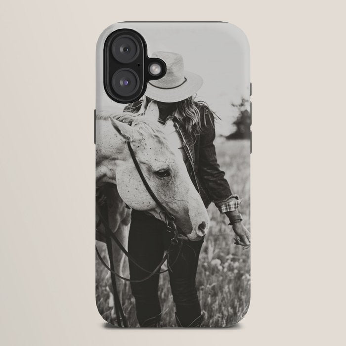 A Cowgirl & Her Horse - Black & White Photo iPhone Case